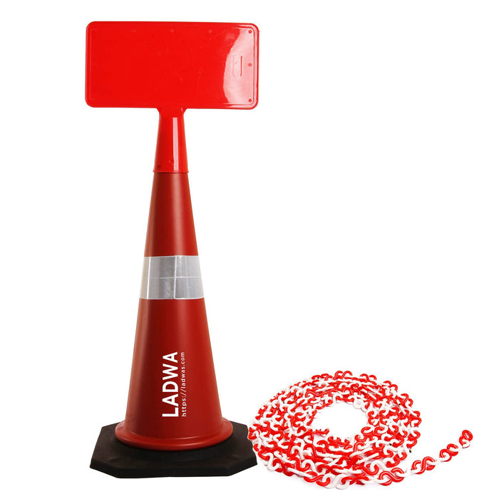 LADWA 750mm Combo of Impact Resistant Road 1 Traffic Safety Cones + 1 mtr chain + 1 Hooks & 1 Sign Plate with Reflective Strips Collar For Road Attention