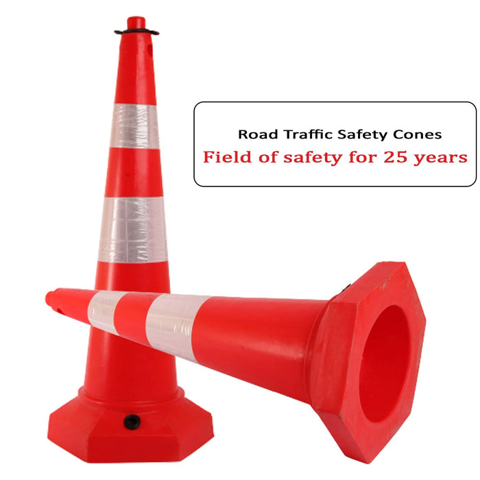 LADWA 1000 mm, 3 Pcs 5 kg Heavy Base Road Traffic Cone, Non Topple, No Fly Cone with Chain Ring, Two Night Visible Reflective Strips, Red Colour for Day Visibility