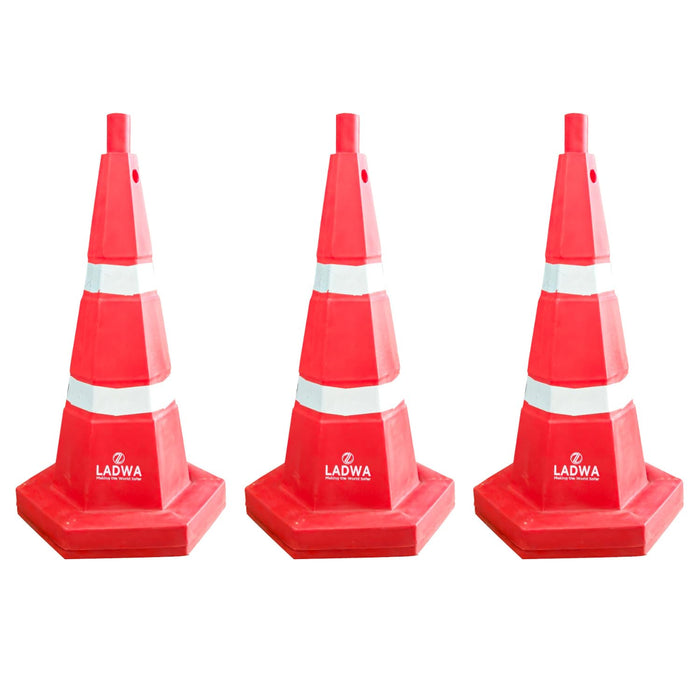 LADWA 1000 mm, 3 Pcs 5 kg Heavy Base Road Traffic Cone, Non Topple, No Fly Cone with Chain Ring, Two Night Visible Reflective Strips, Red Colour for Day Visibility