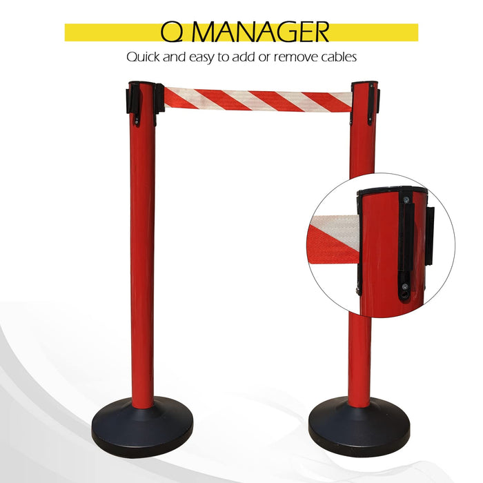 Ladwa Set of 2 Q Please (Q Manager), 202 Grade Extendable 2.25 mtr Hook Type Stanchions Barrier Accessories Red pole with red & white zebra tape Que Manager