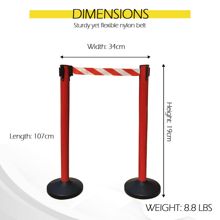 Ladwa Set of 2 Q Please (Q Manager), 202 Grade Extendable 2.25 mtr Hook Type Stanchions Barrier Accessories Red pole with red & white zebra tape Que Manager