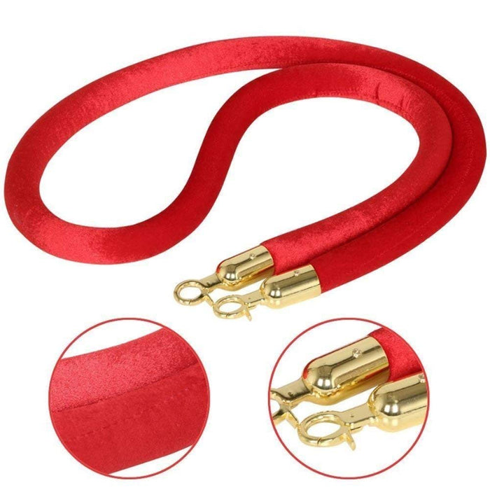 LADWA 1.5m Crowd Control Rope Divider with Chrome Plated Hooks, Red Velvet Stanchion Rope, Queue Manager Partition Barrier, 1pc Golden Hooks