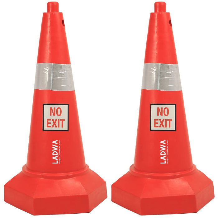 LADWA 5 kg Heavy Base Road Traffic Cone, Non Topple, No Fly Cone with Chain Ring, Two Night Visible Reflective Strips, Red Colour for Day Visibility with No Exit Sign (Pack of 2)