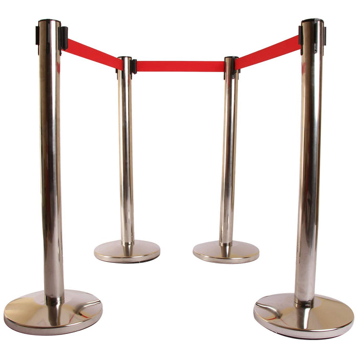 LADWA Set of 4, Q Please (Q Manager) with Red Belt (Steel), Barrier Stanchions | Queue Manager | Crowd Manager - Pack of 4