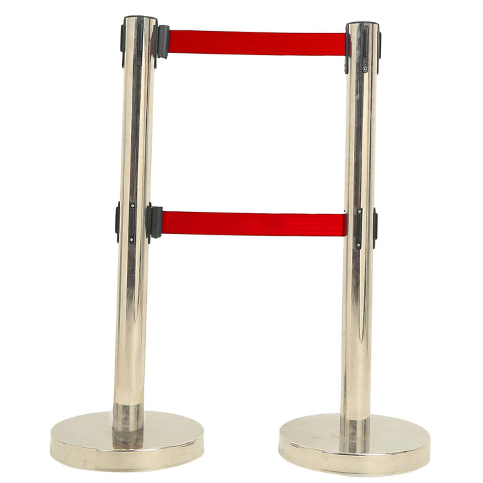 LADWA Set of 2 Double Belt Q Please (Q Manager), 202 Grade Extendable 2.25 mtr Hook Type Stanchions Barrier Accessories Steel Barricade, Red Que Manager