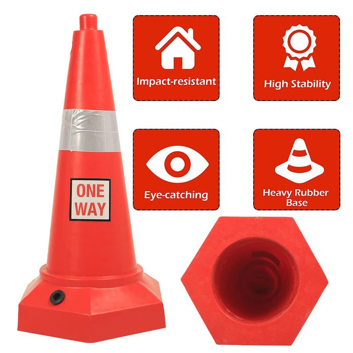 LADWA 5 kg Heavy Base Road Traffic Cone, Non Topple, No Fly Cone with Chain Ring, Two Night Visible Reflective Strips, Red Colour for Day Visibility with One Way Sign (Pack of 1)