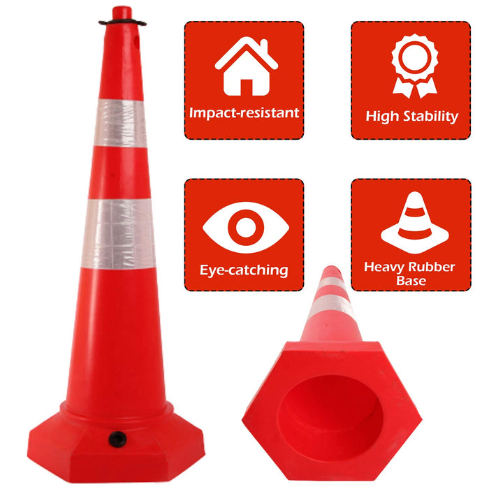 LADWA 1000 mm, 3 Pcs 5 kg Heavy Base Road Traffic Cone, Non Topple, No Fly Cone with Chain Ring, Two Night Visible Reflective Strips, Red Colour for Day Visibility