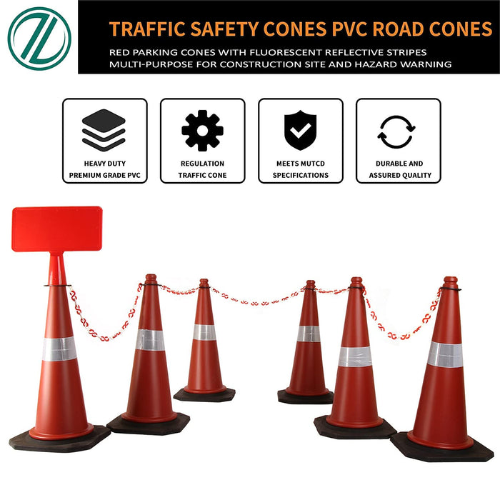 LADWA 750mm Combo of Impact Resistant Road 1 Traffic Safety Cones + 1 mtr chain + 1 Hooks & 1 Sign Plate with Reflective Strips Collar For Road Attention