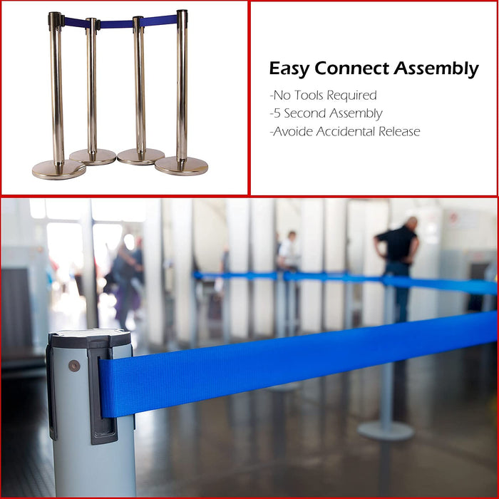 LADWA Set of 4 Q Please (Q Manager), 202 Grade Extendable 2.25 mtr Hook Type Stanchions Barrier Accessories Steel Barricade, Blue Que Manager