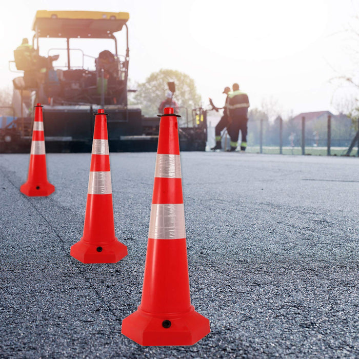 LADWA 1000 mm, 3 Pcs 5 kg Heavy Base Road Traffic Cone, Non Topple, No Fly Cone with Chain Ring, Two Night Visible Reflective Strips, Red Colour for Day Visibility